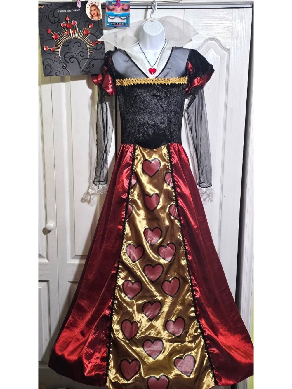 Queen of Hearts Adult Costume Hoop Skirt Dress Headband Necklace Adult Villain